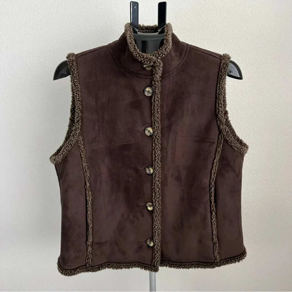 L.L.‎ Bean Faux Shearling Vest Women M Petite Brown Sherpa Western Ranch Jacket
